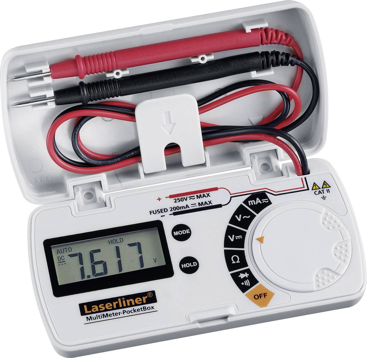 Multimeter in a plastic case with an open lid, displaying 7.617 volts. Two test leads, red and black, are stored inside.