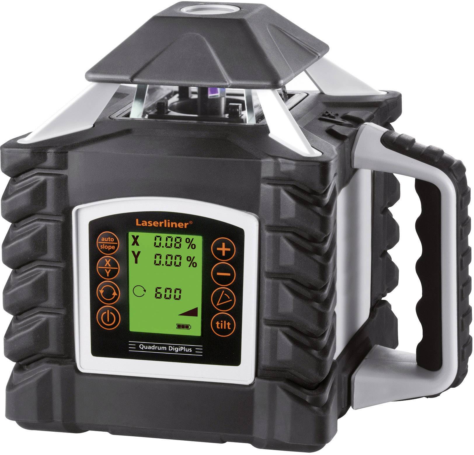 Rotating laser level with digital display, showing gradient values in X and Y, battery status and modes. Ideal for precise measurement.