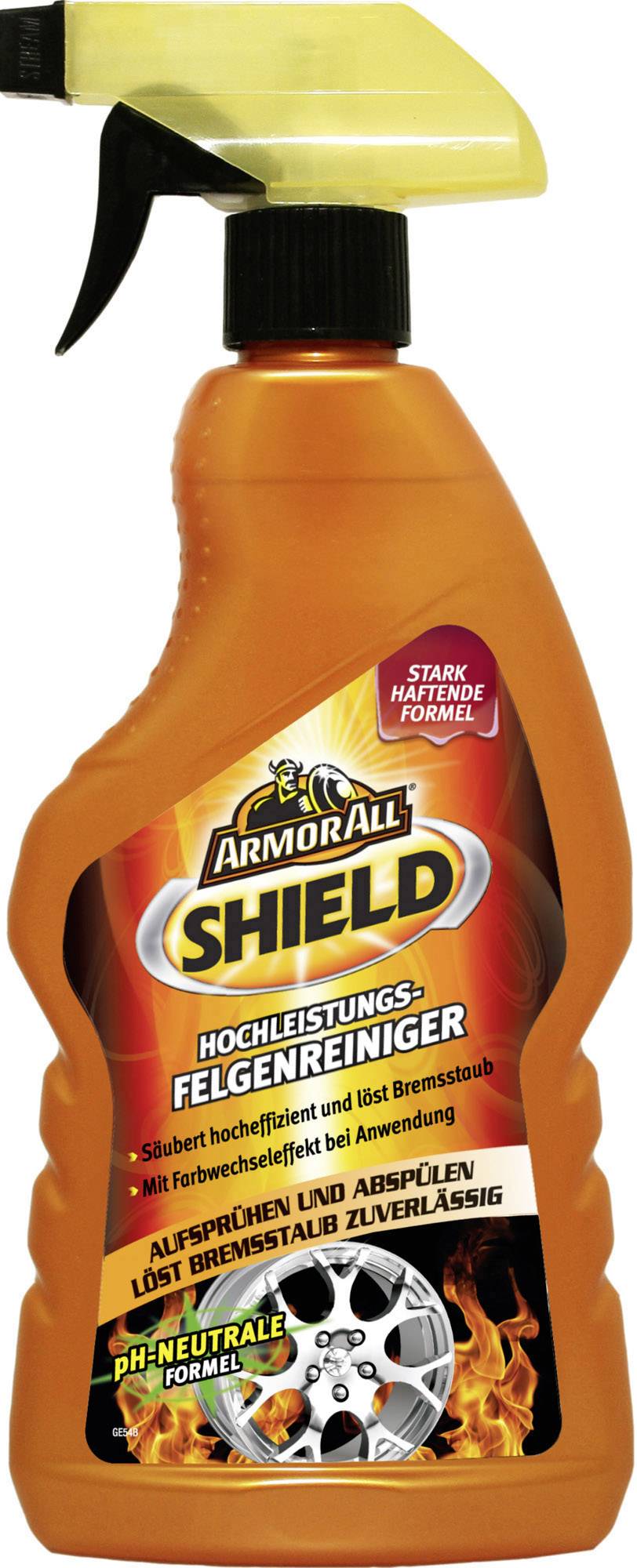 A yellow spray bottle of 'Armor All Shield High-Performance Wheel Cleaner' with pH-neutral formula, strongly adhesive, cleans brake dust.
