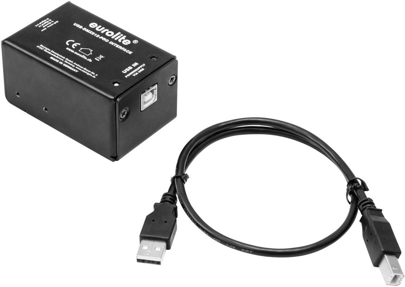 Black Eurolite USB-DMX Interface with two connections and included USB cable. Used for lighting control interfaces.