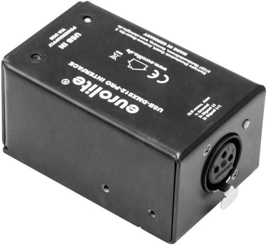 A black USB adapter for DMX lights, labelled with connections and technical specifications on the top surface.