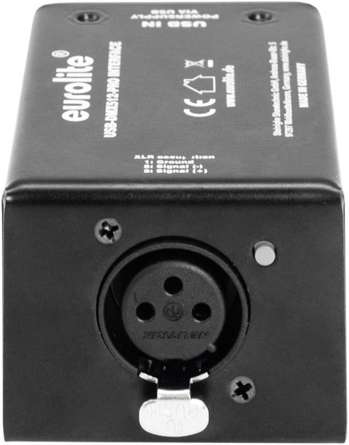 Black device with XLR input and USB port. Marking 'eurolite USB-DMX512 PRO MK2'. Connects lighting control with computer.