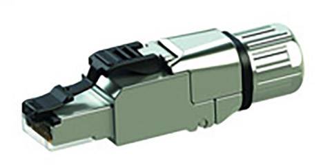 A metal network cable plug with a black locking mechanism and cylindrical end, set against a white background.