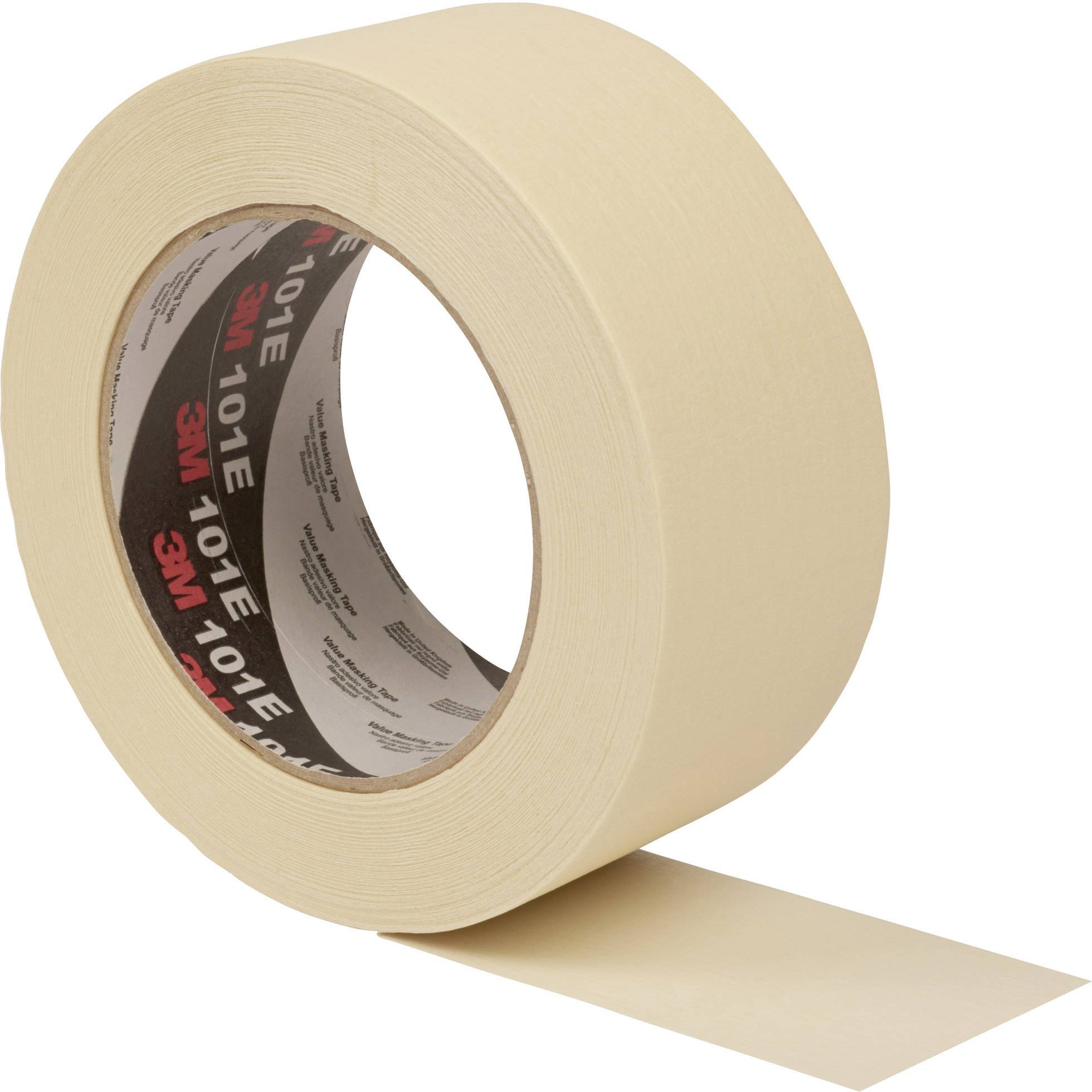 A beige roll of adhesive tape partially unrolled, with an inner print featuring a red logo on a black background visible.
