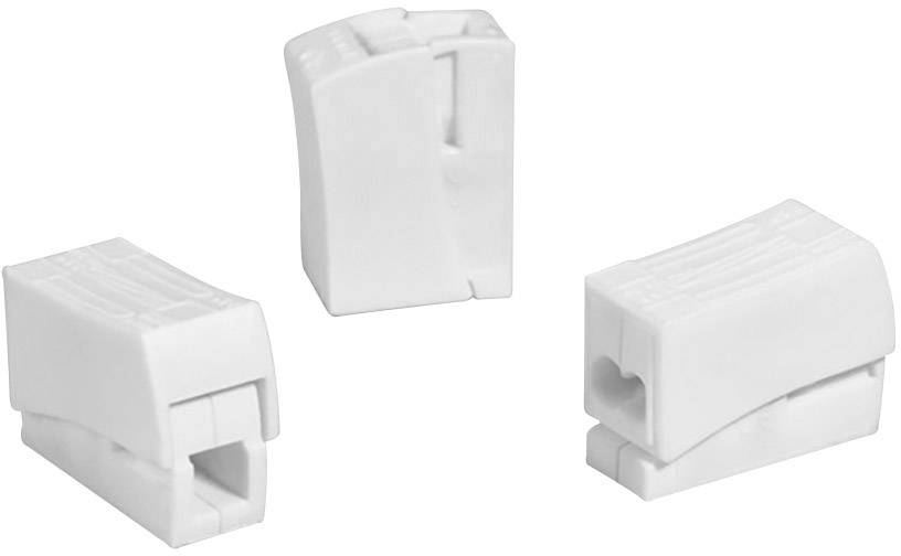 Three white plastic cable clips. They are used to secure and guide cables in order to support an organised installation.