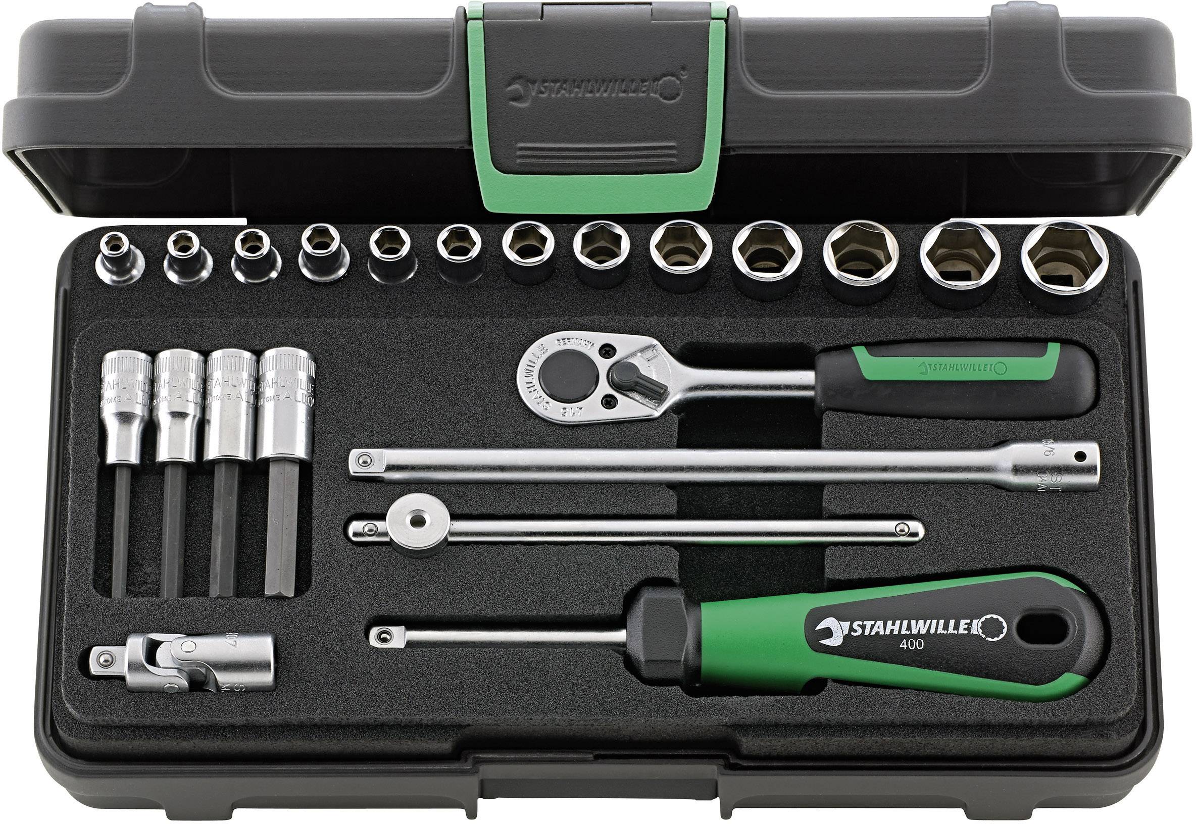 Socket wrench set in an open black case. Includes ratchet spanners, extensions, sockets, and bits.