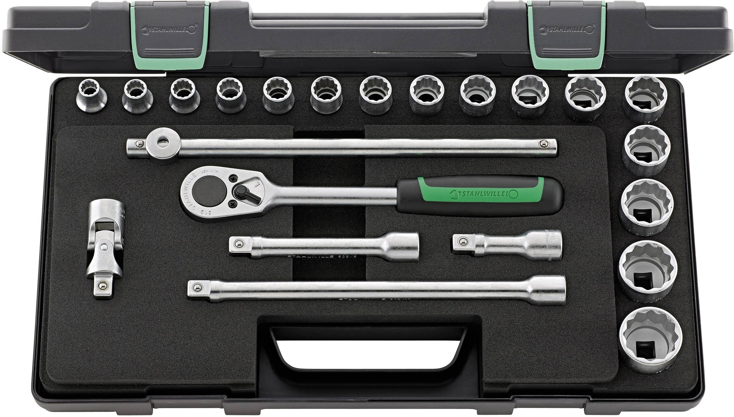 A set of socket wrenches and a ratchet in a black case. Different sizes are neatly arranged in moulded recesses.