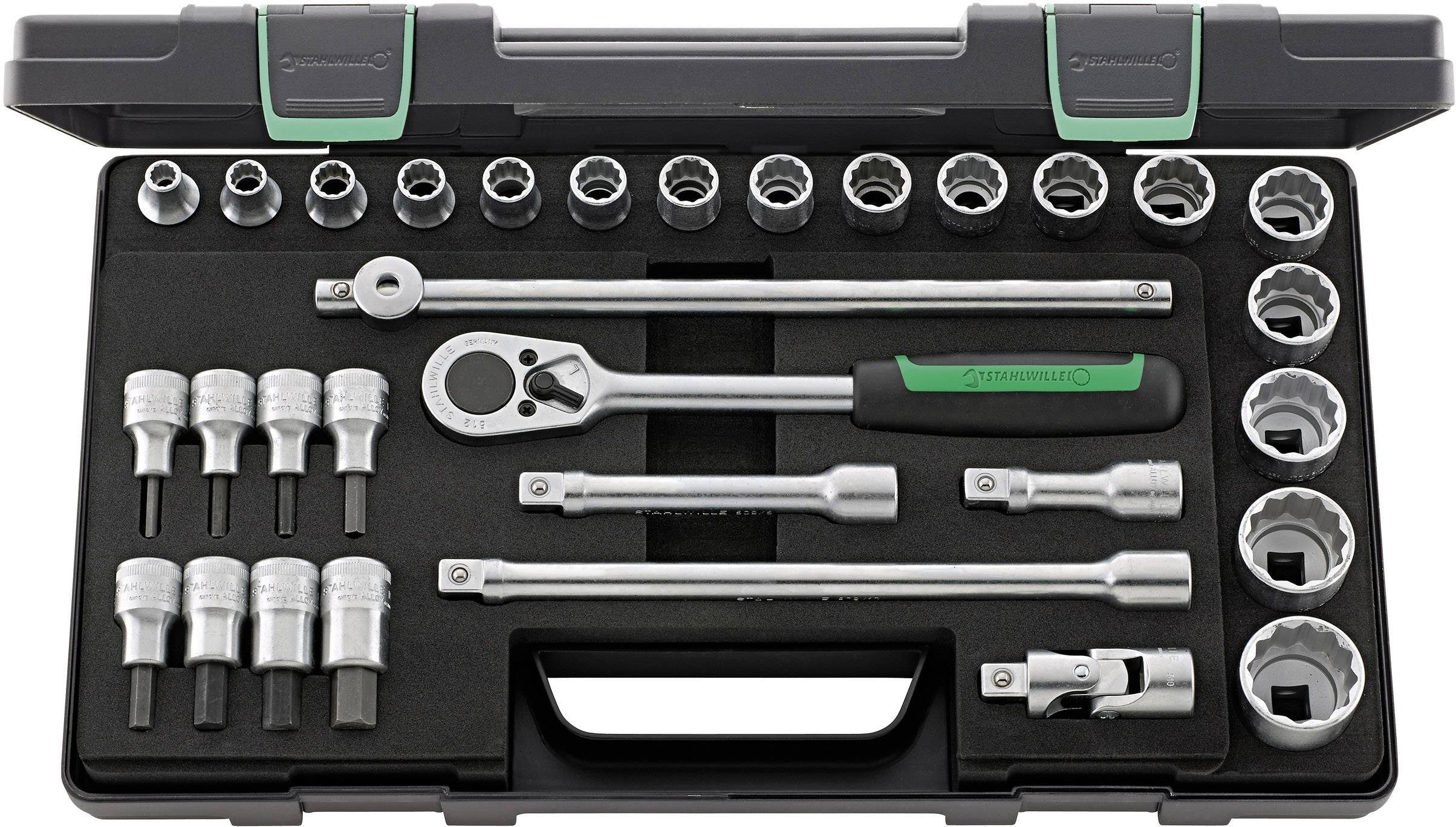 A tool set in a black case with various socket inserts, a ratchet and extensions, ideal for repairs.