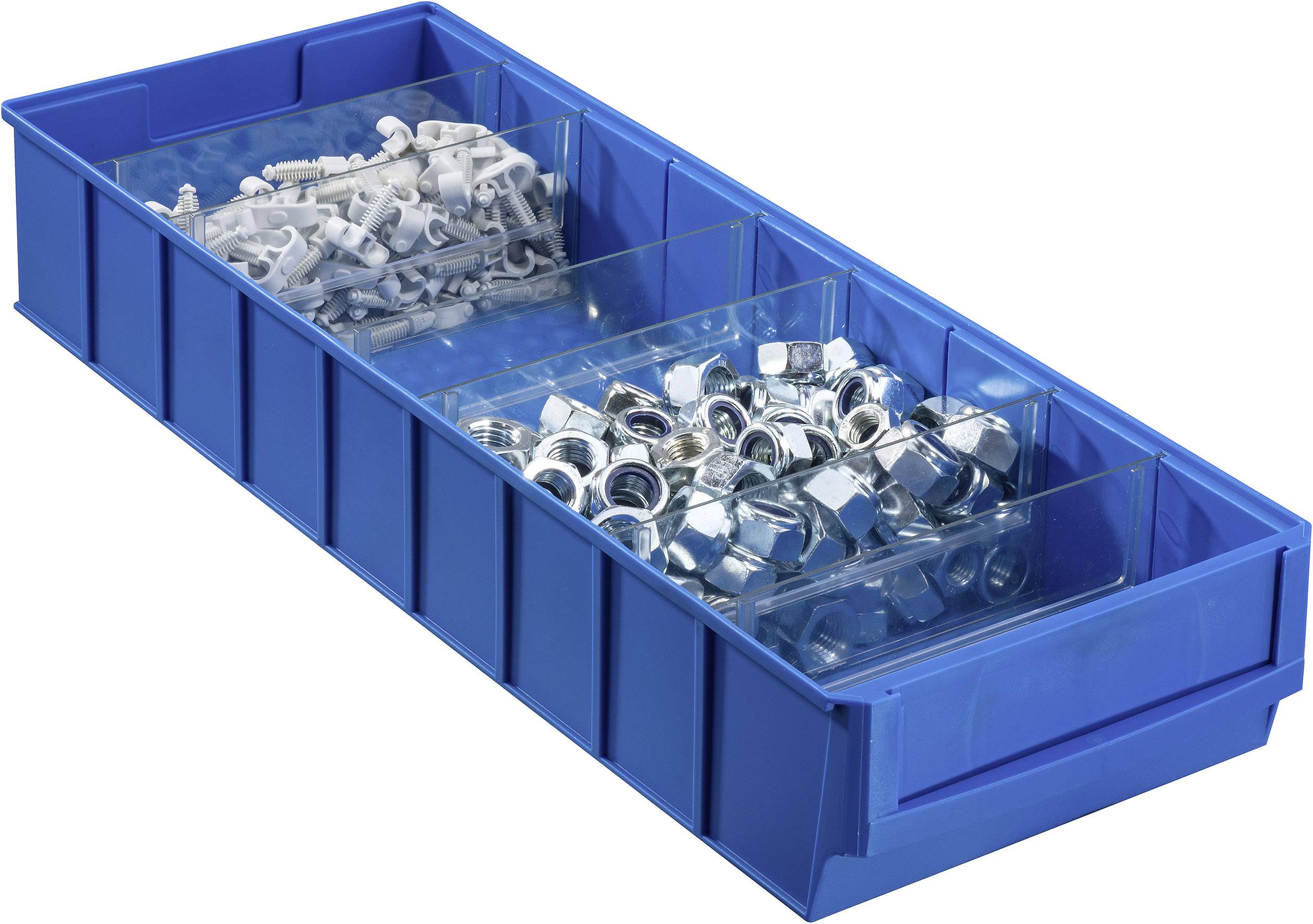 Blue plastic container with three compartments; on the left white cable clips, on the right silver hexagonal nuts.