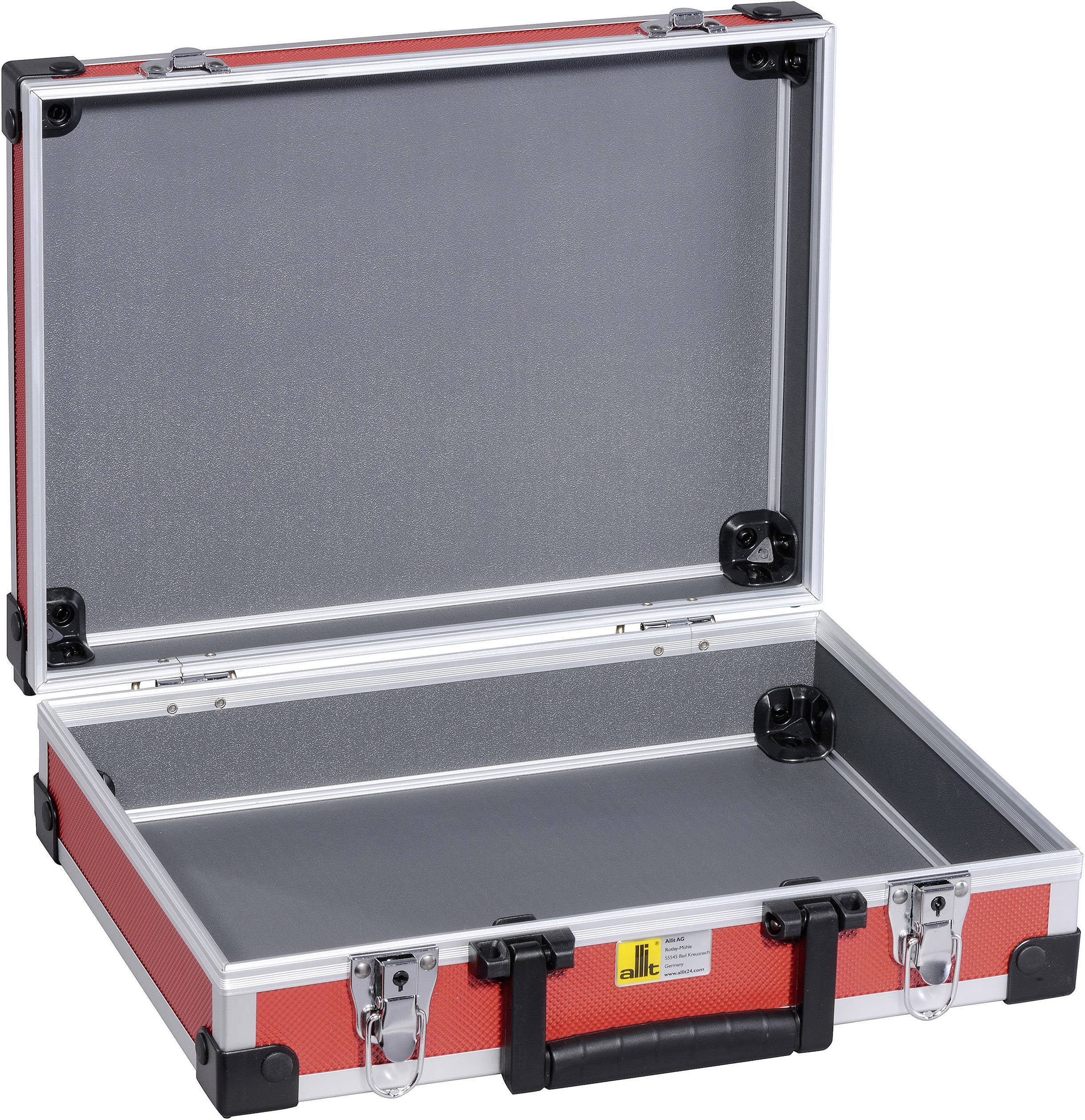 Red, open suitcase with a black handle and grey interior.