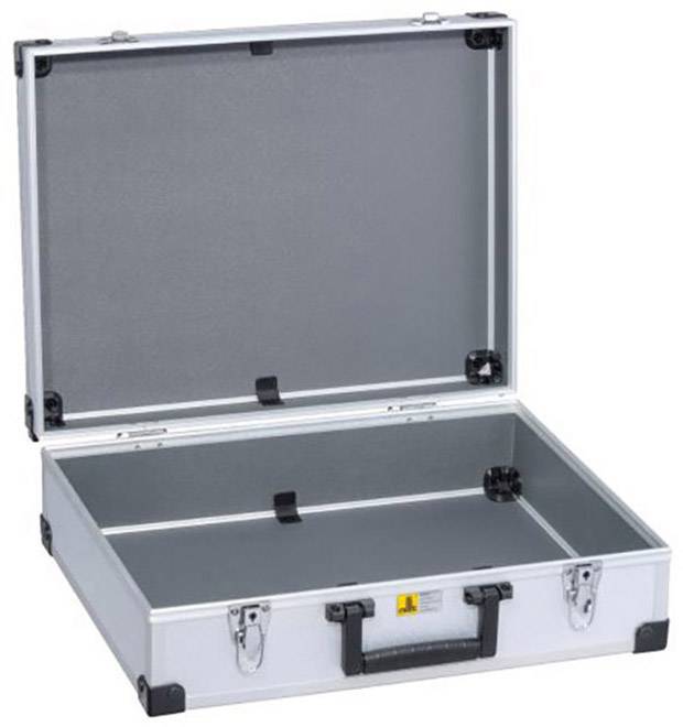 A silver metal briefcase with an open lid, empty inside, featuring a black handle and reinforced corners is visible.