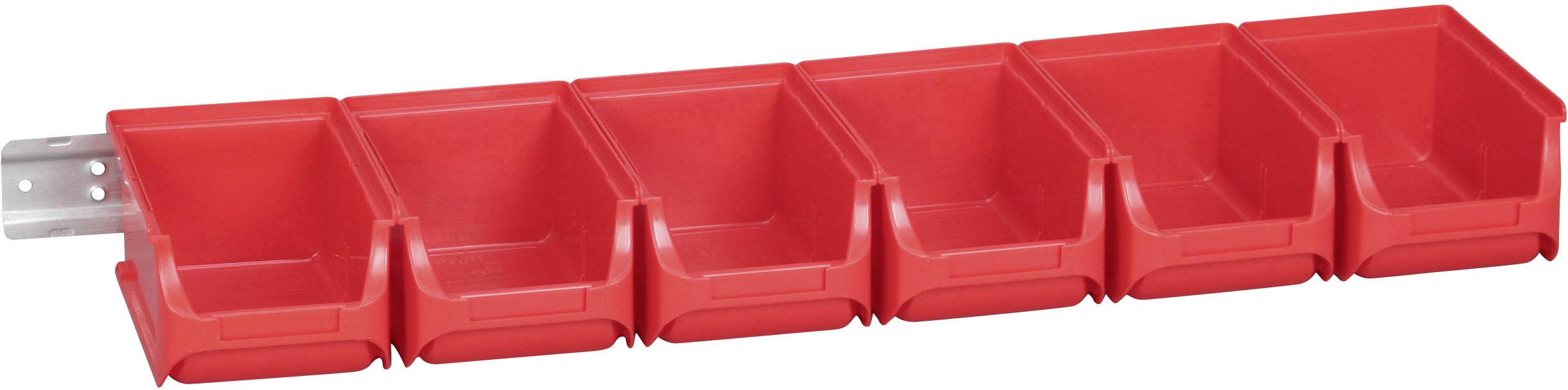 Red wall-mounted rack with six plastic storage boxes arranged in a row for storing small items, attached to a metal rail.
