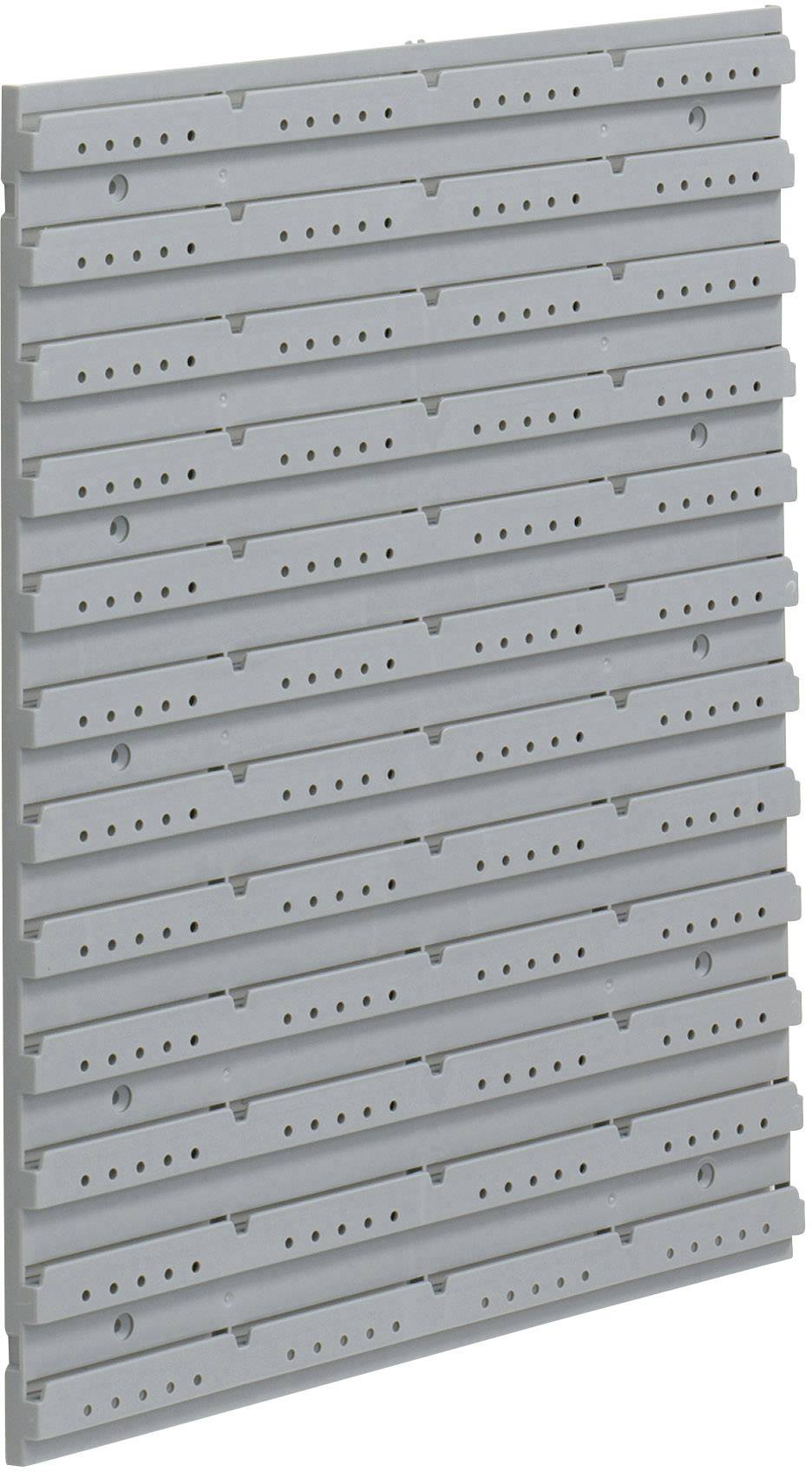 Grey tool wall with multiple horizontal slots and holes for mounting tools and accessories.