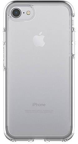 Back of an iPhone with a transparent case that reveals the Apple logo.