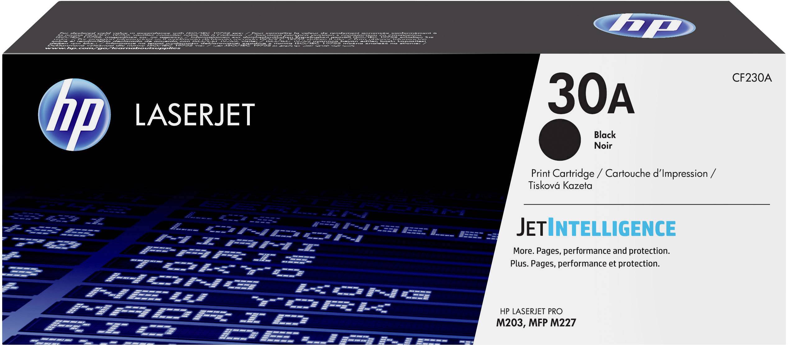 HP LaserJet 30A Black Toner Cartridge, compatible with HP LaserJet Pro M203/MFP M227 printers. Contains JetIntelligence.