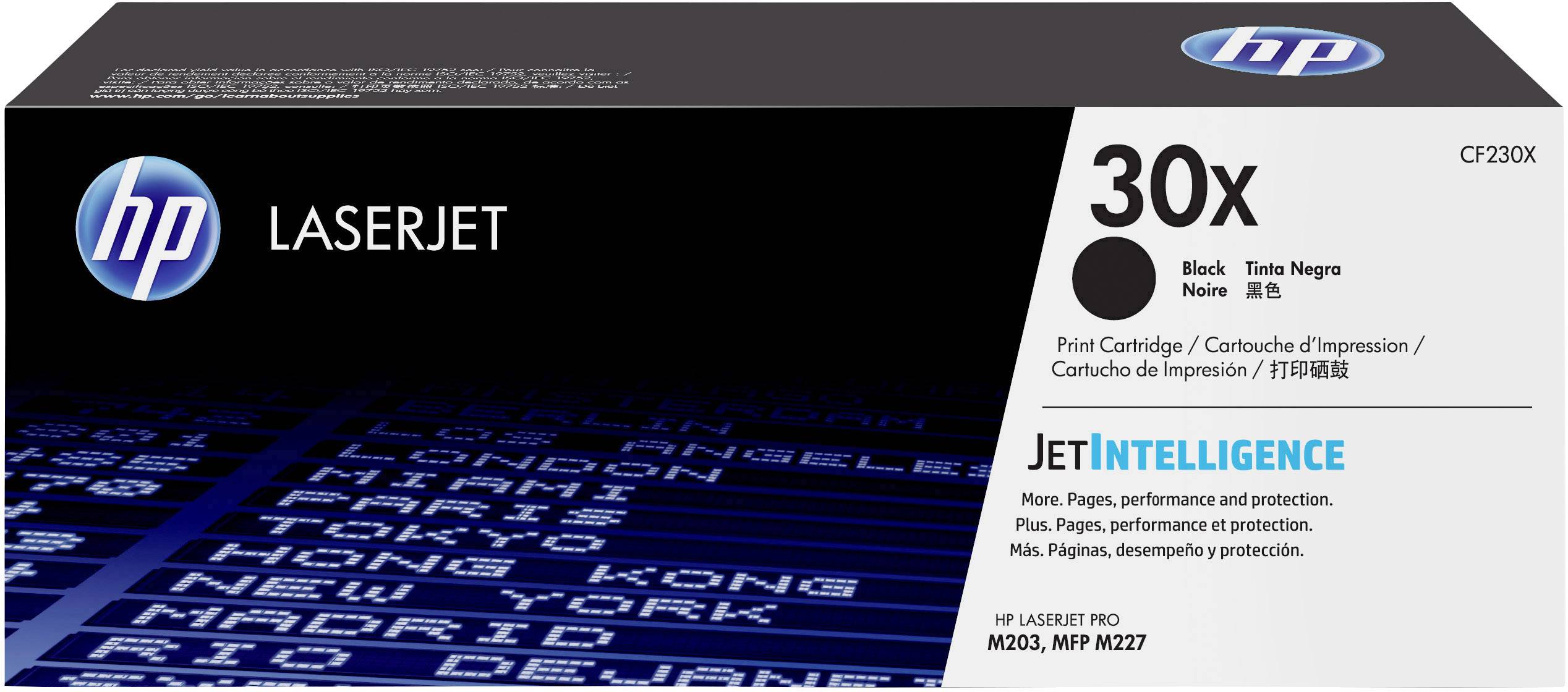 Printer cartridge packaging with 'HP LaserJet' and '30X Black' label. Contains information about compatibility and print performance.