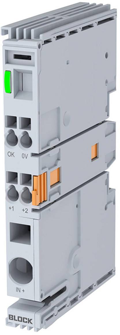 Slim, grey electronic device with a green LED display at the top. Labelled with 'OK' and '0V'. Two orange levers on the side.