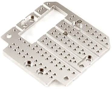 Aluminium plate with numerous holes and milled recesses, potentially for mounting purposes in mechanical or electronic devices.