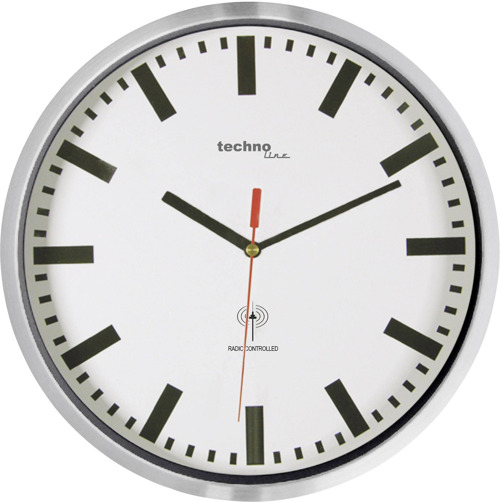 Analogue wall clock with a white dial and black markings. Red second hand, black minute and hour hands, showing 10:09:45.
