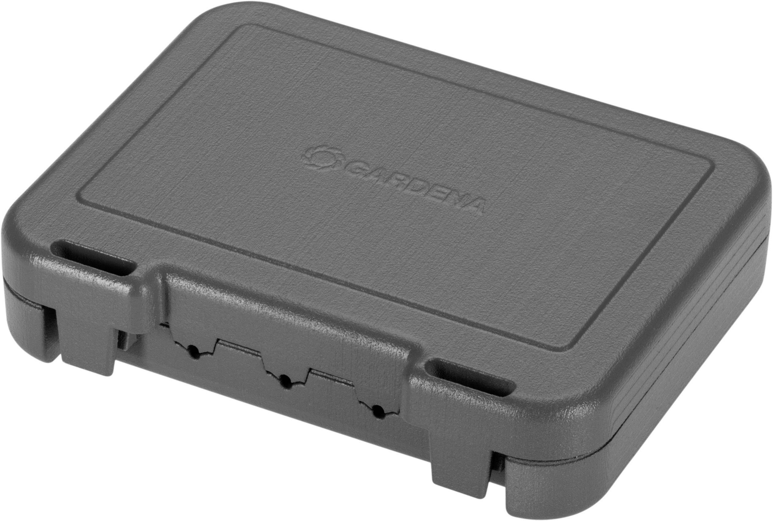 A rectangular, grey plastic housing with the 'GARDENA' logo on the top surface. Suitable for storing and protecting small tools.
