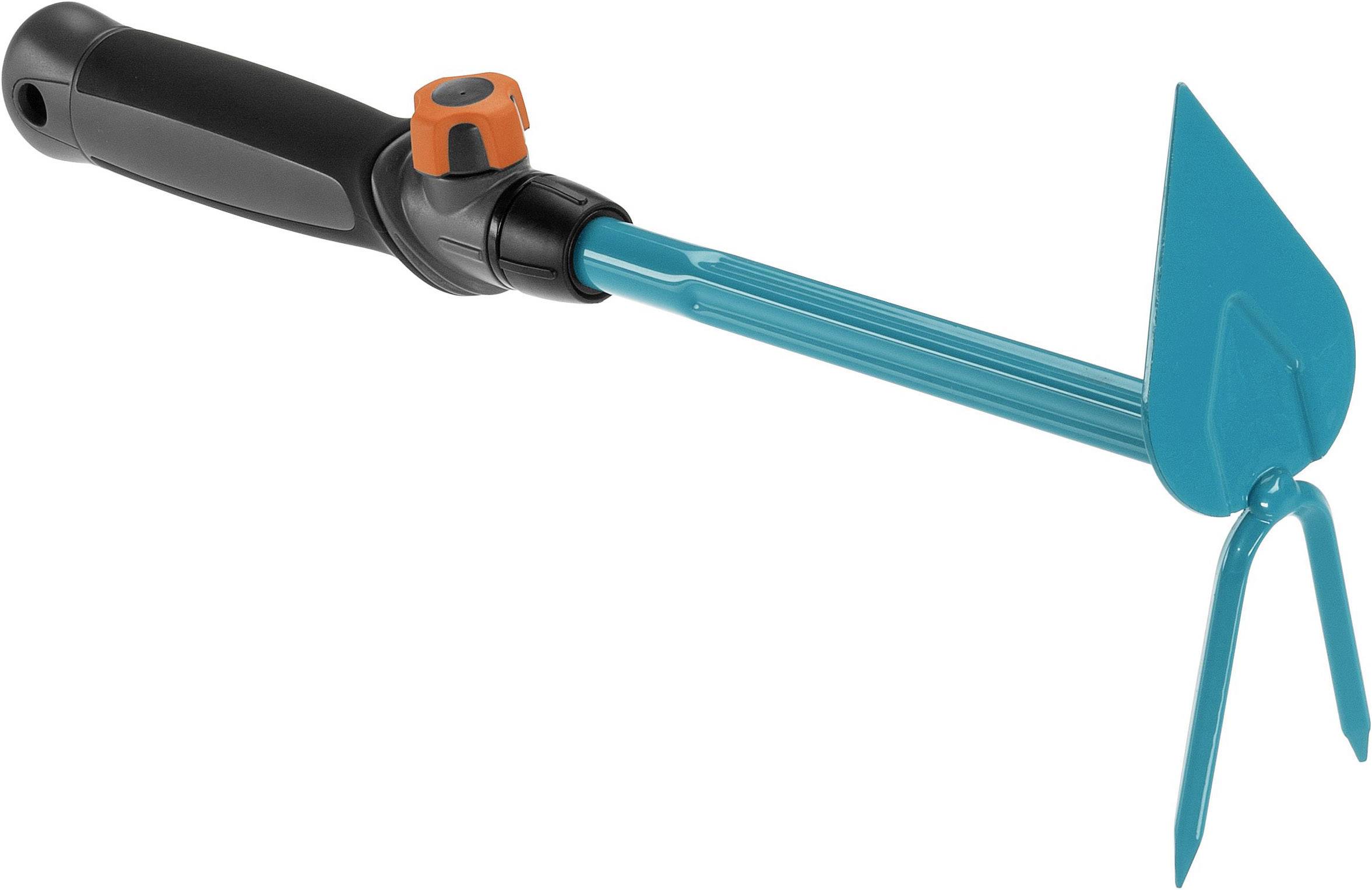 A garden tool with a black handle and a blue two-pronged fork for turning over soil.