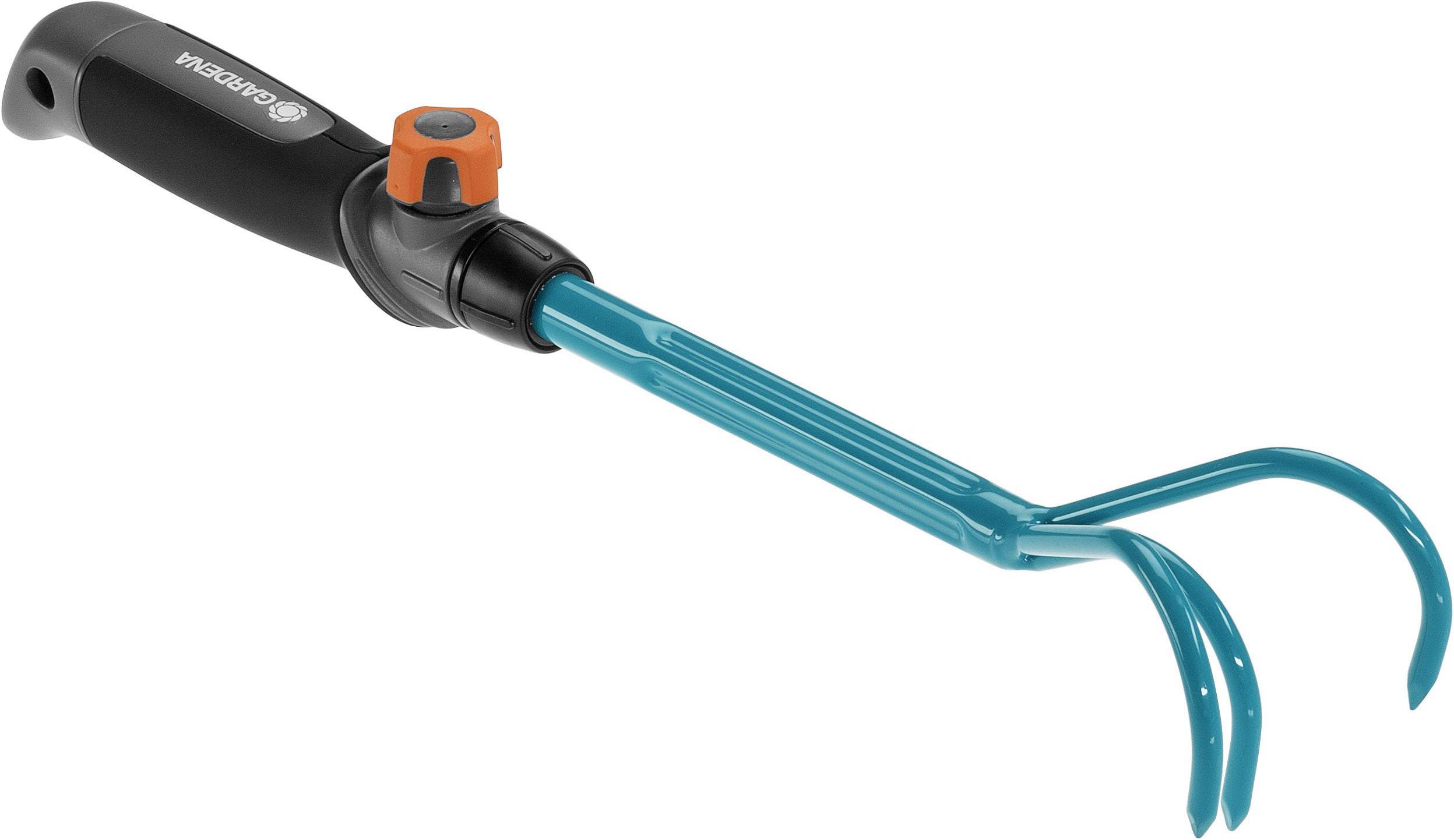 A turquoise hand trowel with a black handle and orange adjustment button, suitable for gardening tasks.