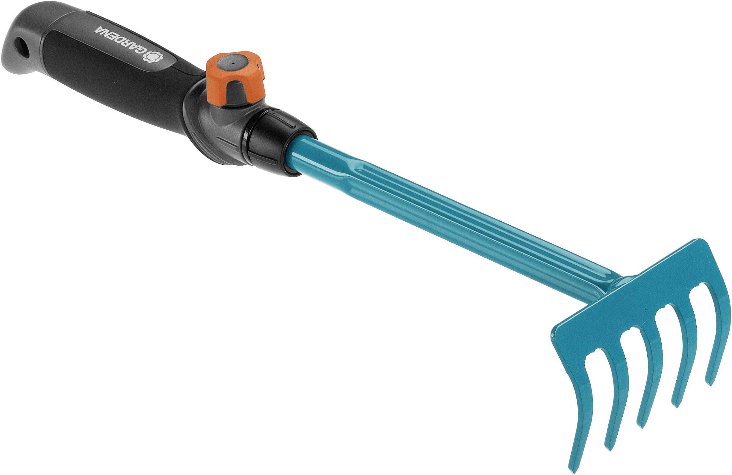 A blue garden trowel with a black handle and an orange twist lock, designed for loosening soil.