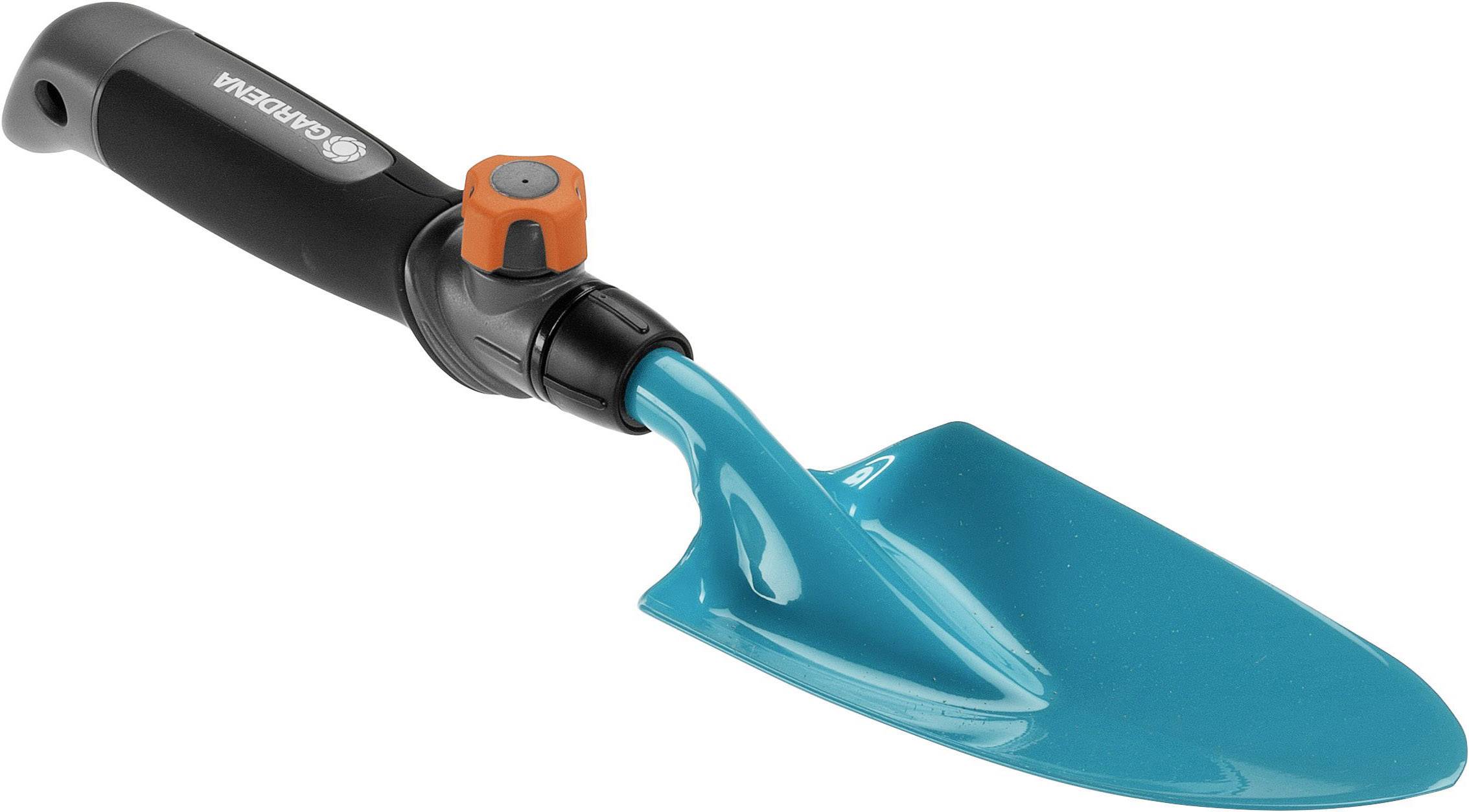 Garden trowel with a black handle and blue blade, suitable for gardening work.