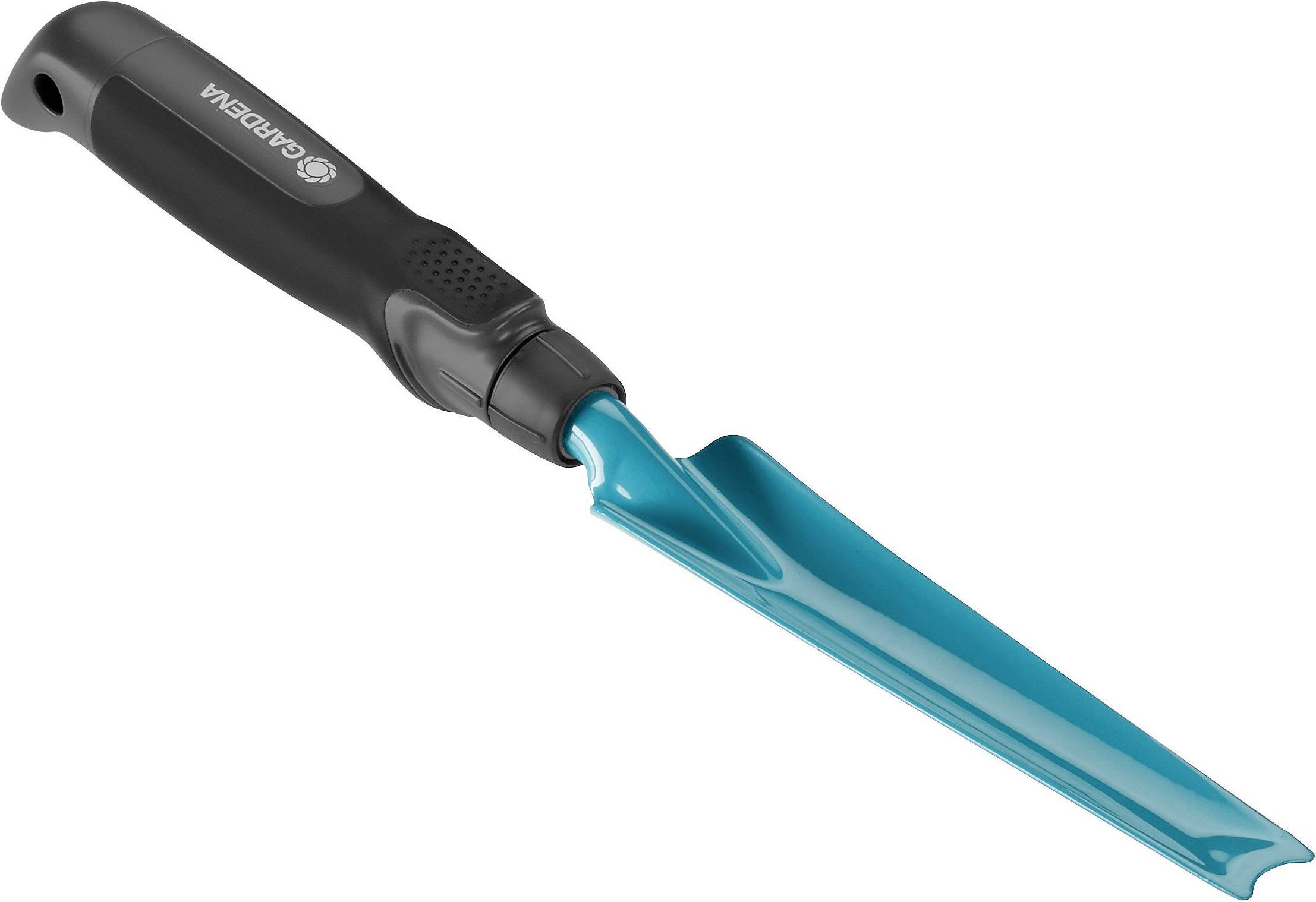 A blue gardening tool with a black handle, used for inserting and removing flower bulbs or seedlings.