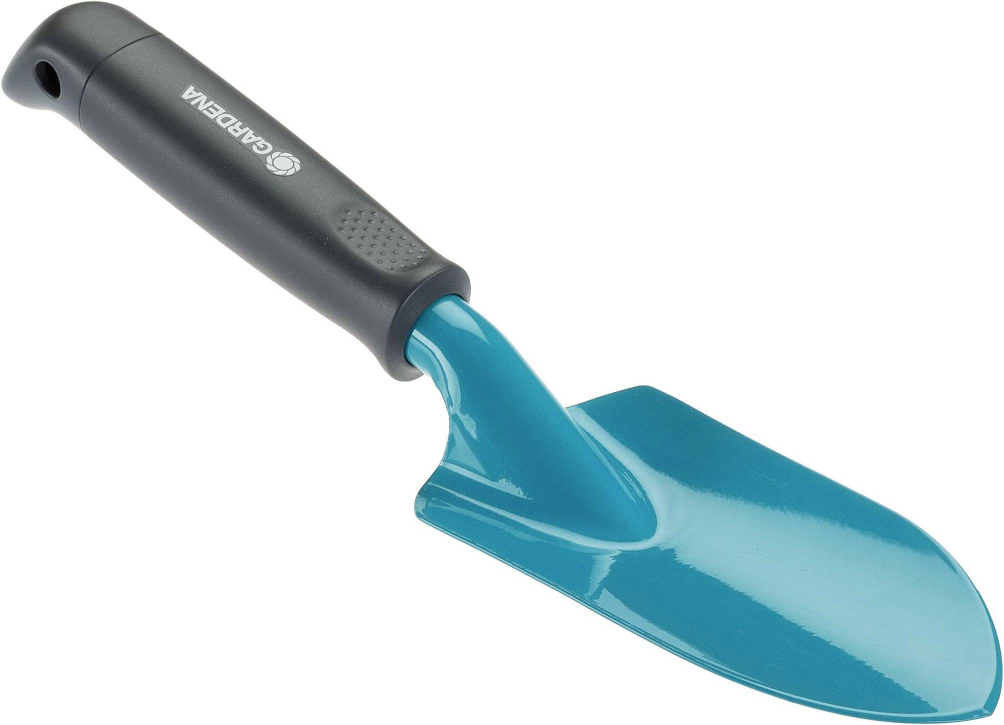 A small, blue hand trowel with a black handle, suitable for gardening.