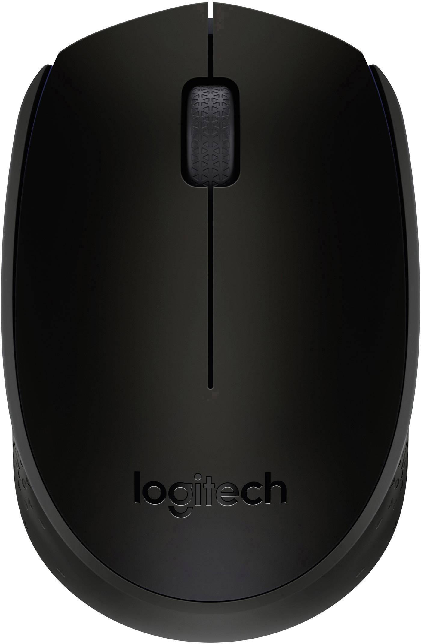 A black wireless computer mouse with a scroll wheel and the 'Logitech' logo on the front.