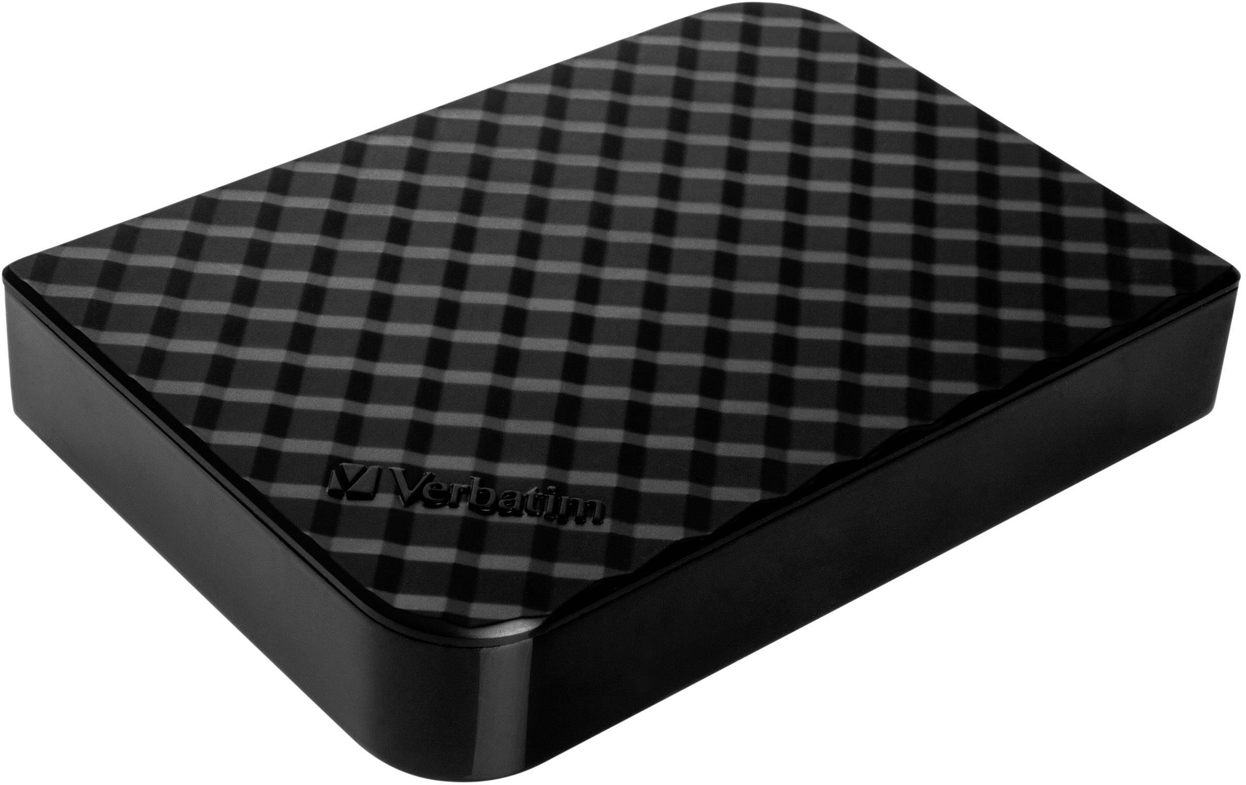 External hard drive with a black, checked design and the Verbatim brand logo on the surface.
