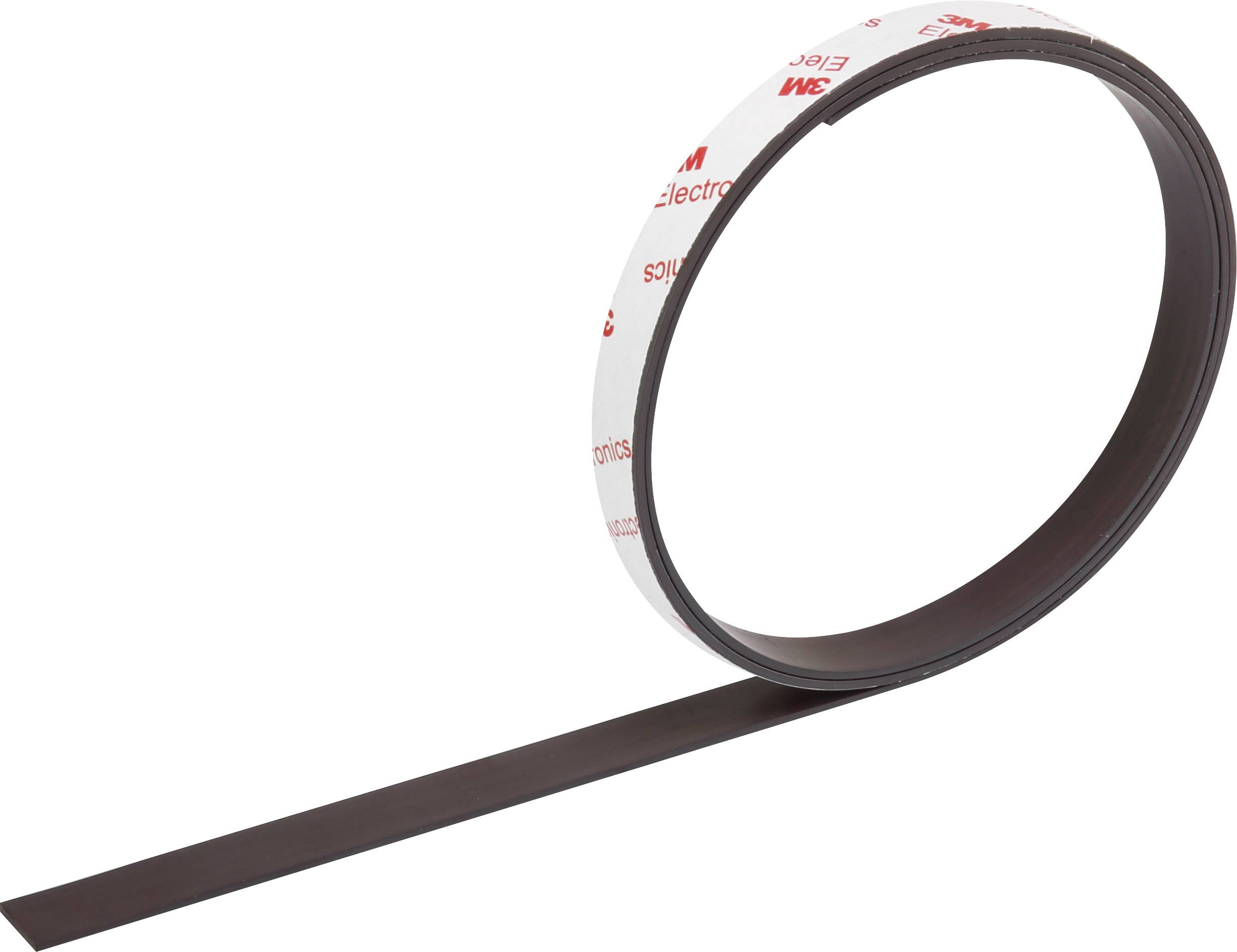 Black magnetic tape on a reel, partially unrolled, with white adhesive tape stuck to it, which is printed in red.