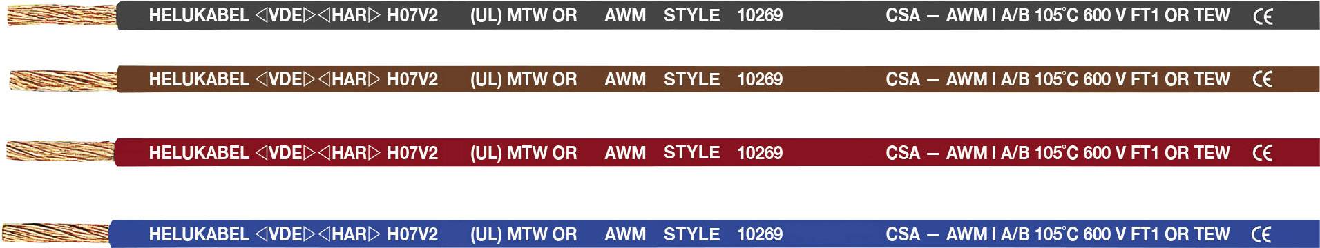 Four cables in different colours: Red, Orange, Brown, Blue. Labelled with 'HELUKABEL', technical specifications, and testing marks.