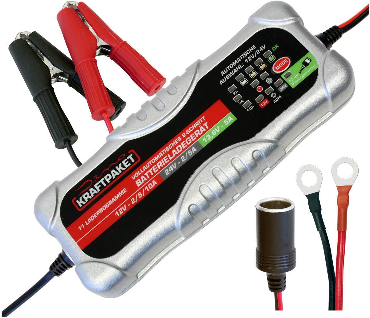 Battery charger with cables and clamps. Labels show voltages: 12V, 6V. Suitable for various battery types.