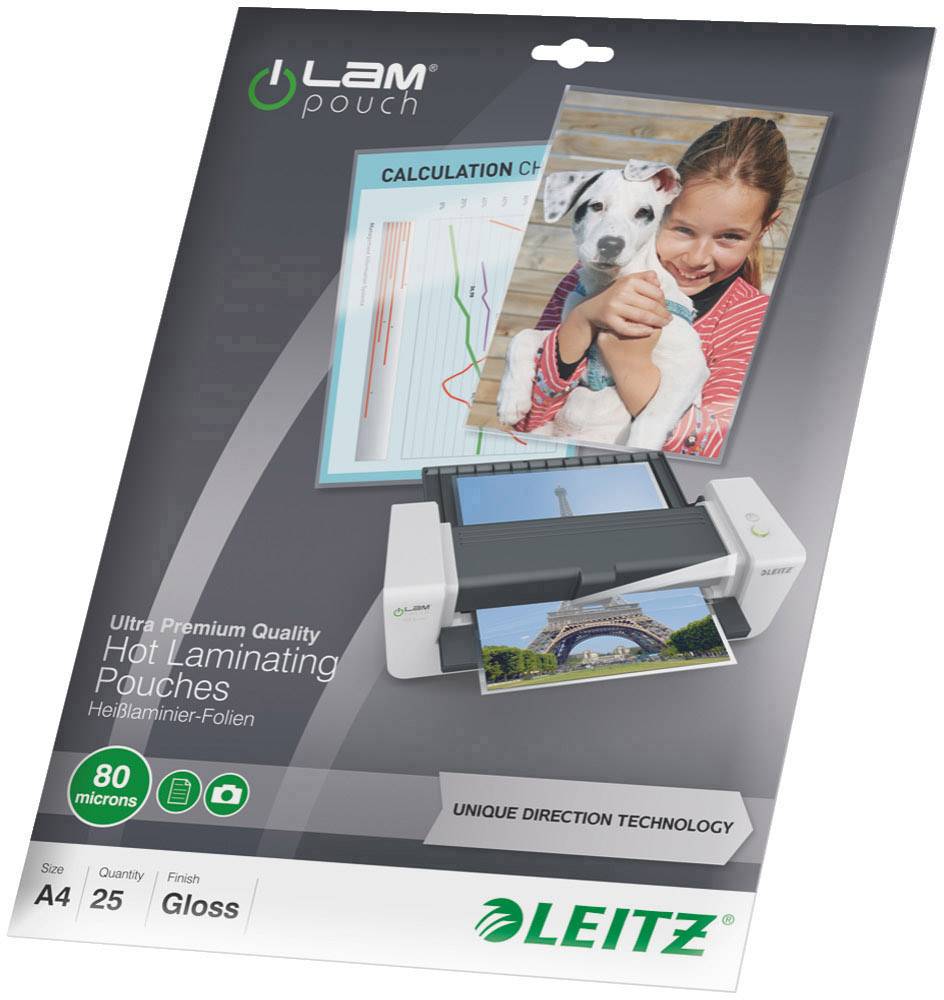 LEITZ laminating pouches for A4 documents, 80 microns thick, glossy. Ideal for photos and certificates. 25 pouches per pack.