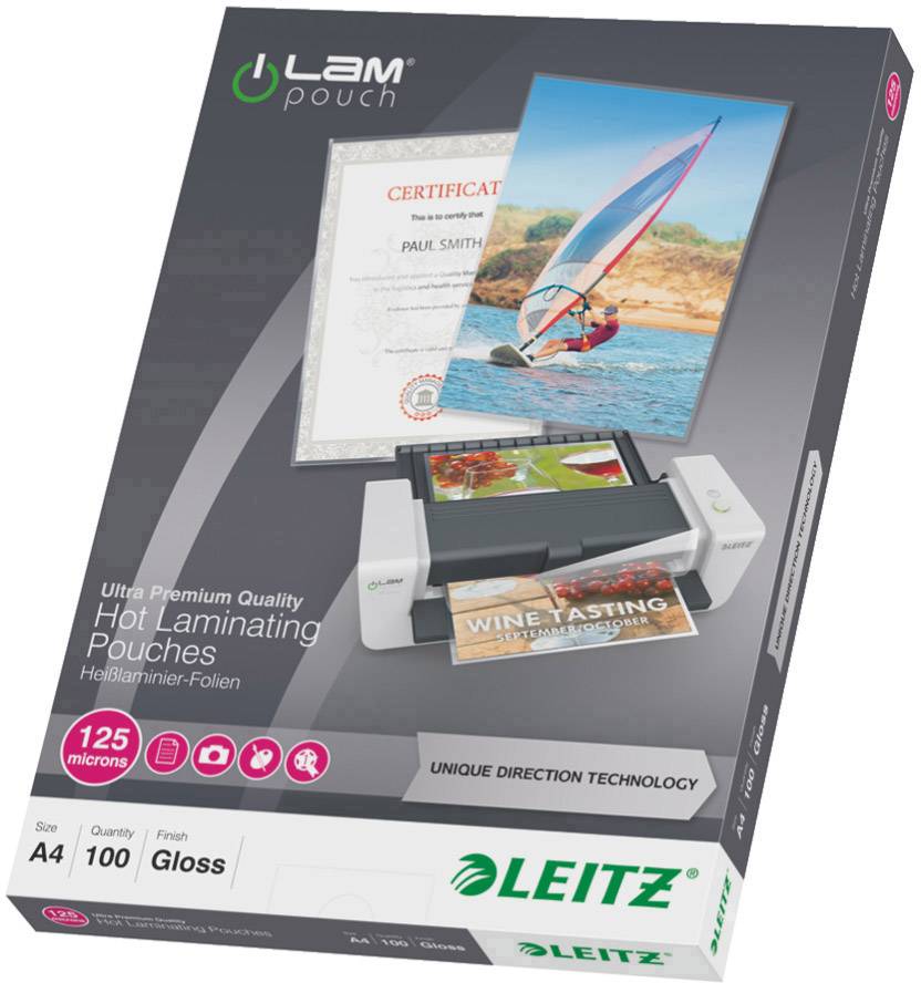 Packaging of Leitz laminating pouches, suitable for A4 documents up to 125 micron thickness. Contains 100 glossy pouches.