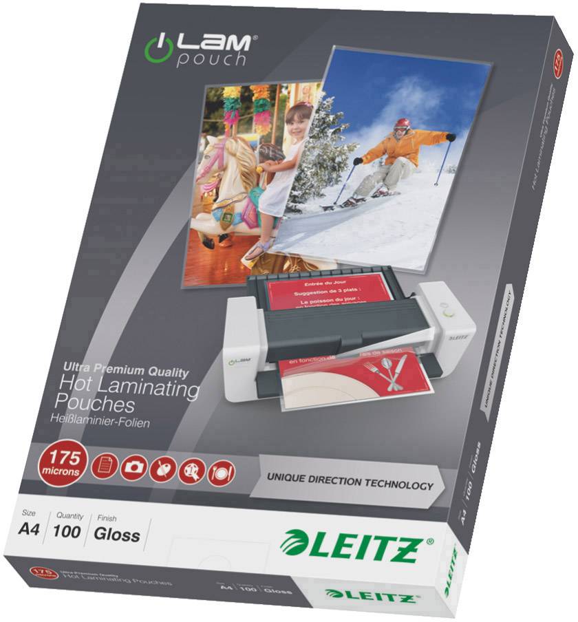 Leitz Laminating Pouches A4, high-gloss, 175 Microns, 100 Sheets per Pack. Packaging design shows laminated photos and laminator.