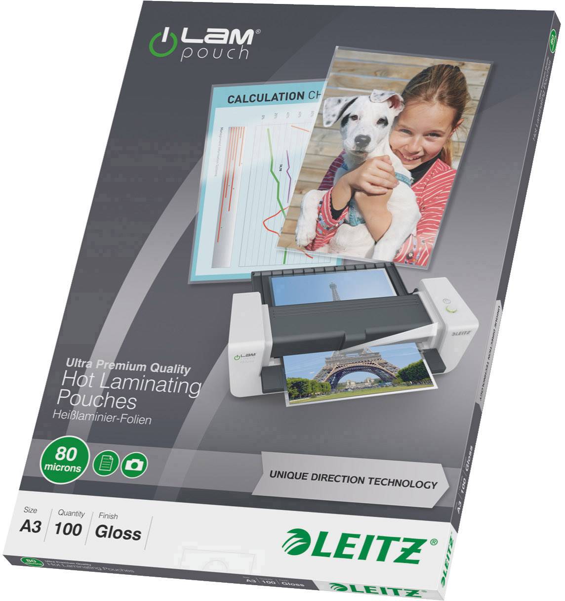 Packaging for Leitz laminating pouches, A3 size, glossy, 80 microns, featuring images of a dog, a girl, and the Eiffel Tower.