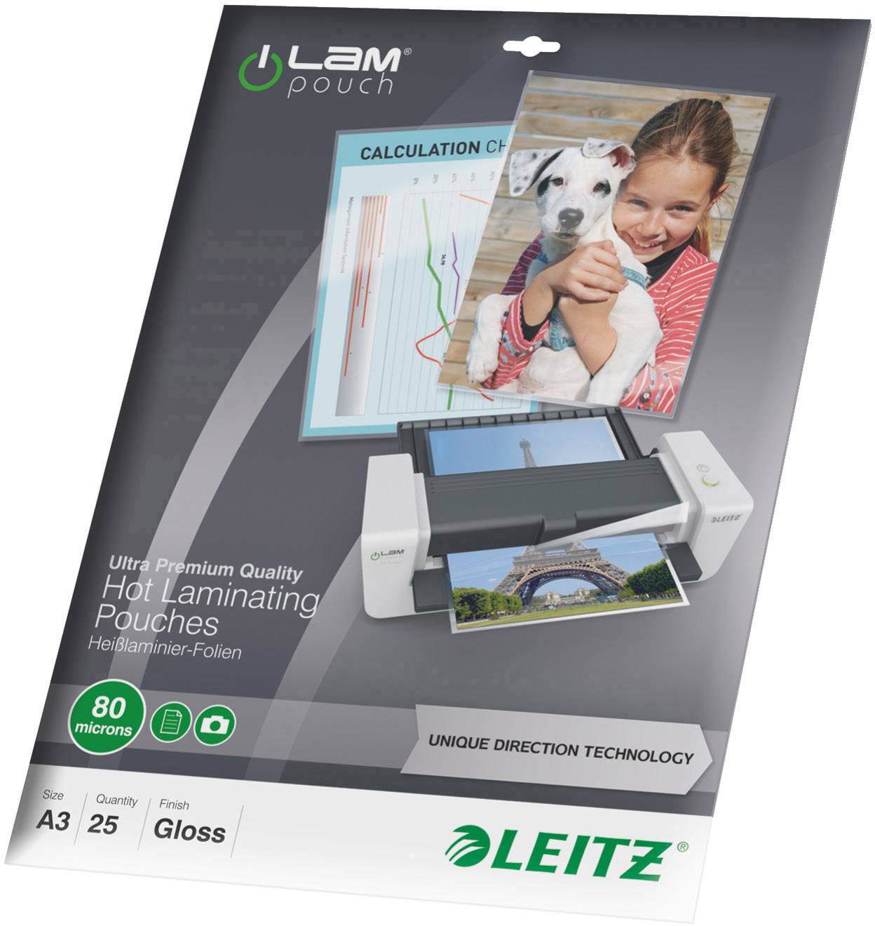 Leitz Laminating Pouches packaging shows a child with a dog, graphic design and an image of the Eiffel Tower in A3 format. With 'Hot Laminating Pouches'.