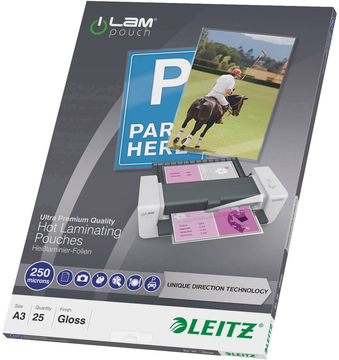 Leitz laminating pouch packaging, showing a laminating machine with a laminated document, an image of a polo player, and a 'P Parking' sign.