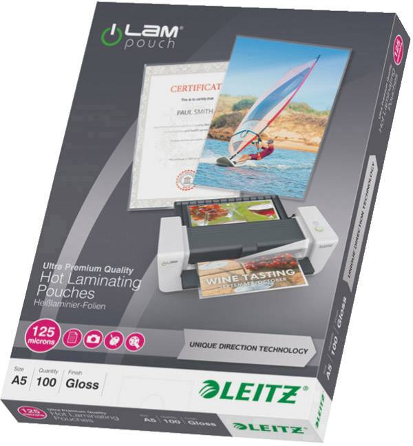 Packaging for Leitz laminating pouches, 125 micrometres, A5 size, glossy. Contains illustrations of laminated documents.