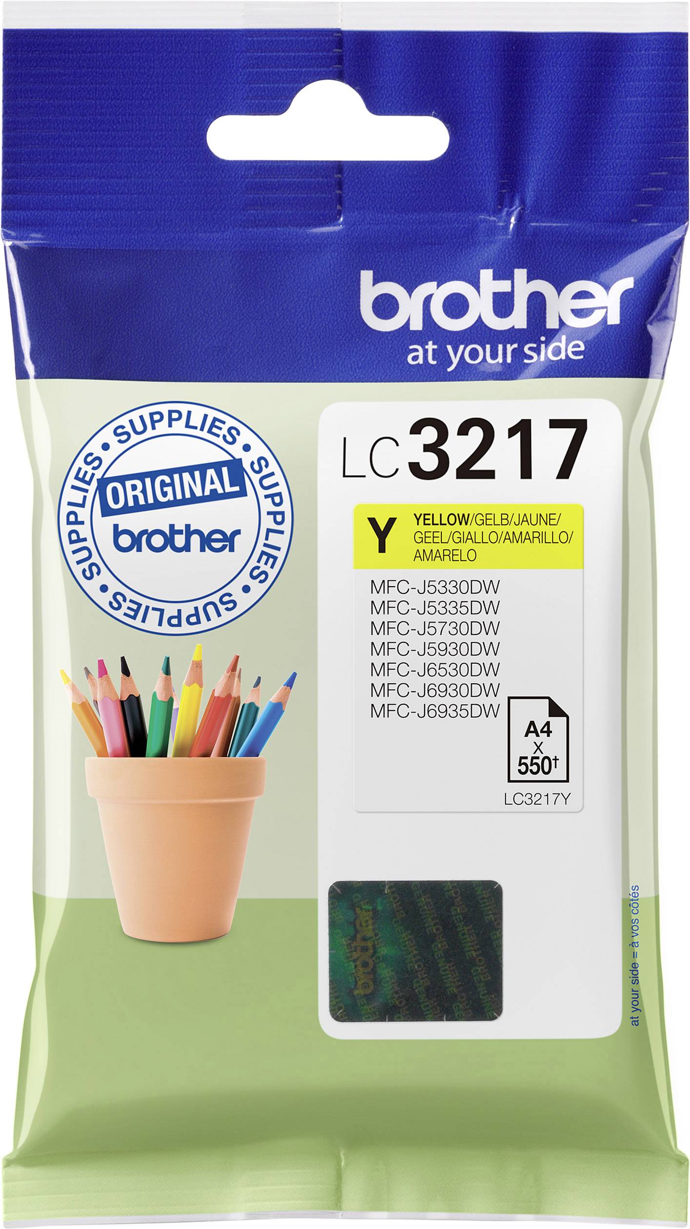 Brother LC3217Y ink cartridge in yellow, compatible with various MFC printer models, capacity: A4, 550 pages.