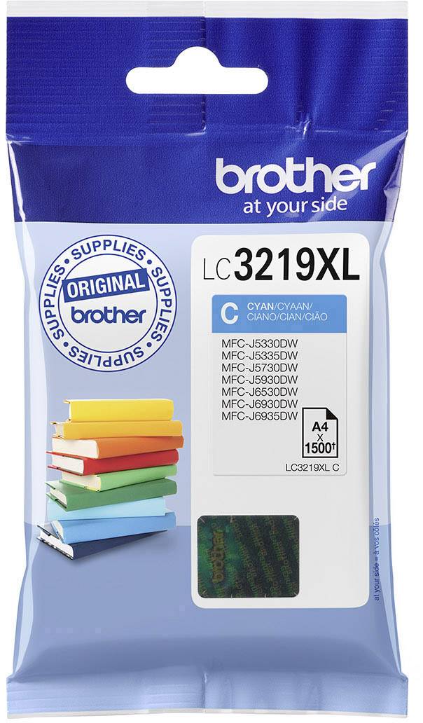 Blue packaged 'Brother LC3219XL' cyan ink cartridge compatible with multiple MFC printers, sufficient for up to 1,500 pages.
