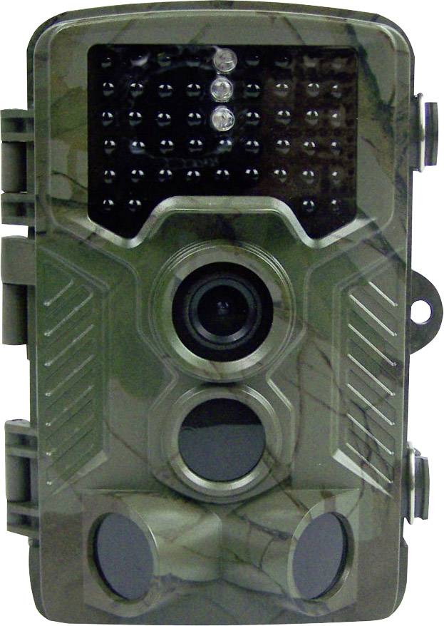 A camouflage wildlife camera with multiple lenses and infrared lights. Ideal for monitoring in the natural environment.