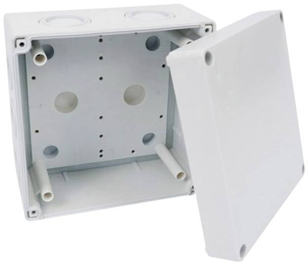 Electrical junction box made of white plastic with a removable lid, showing internal cable channels.