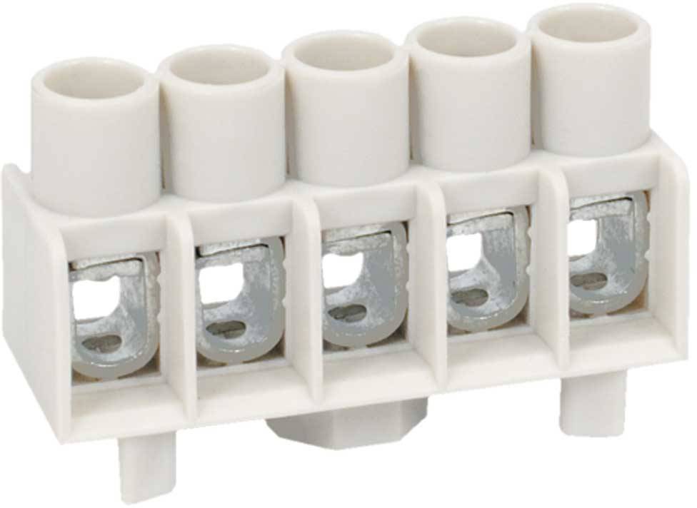 Five-pole electrical terminal block made of plastic and metal, used for the secure connection of wires in electrical circuits.