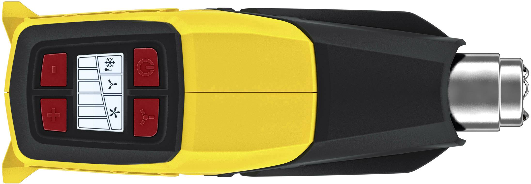 A yellow and black electrical device with a display and several red buttons, possibly a hot air blower.