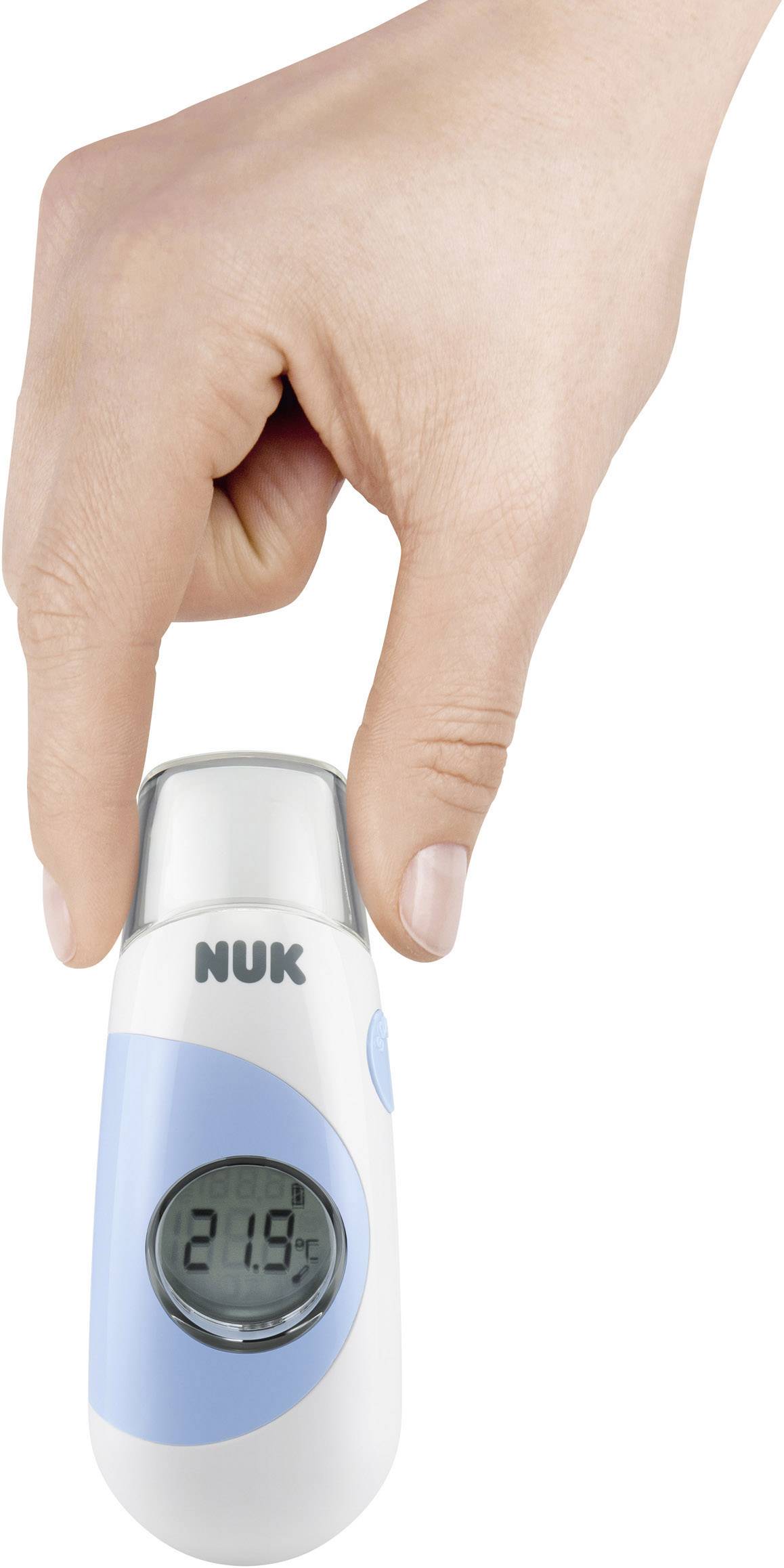 A hand is holding a digital thermometer displaying '21.9°C', with a blue and white casing.