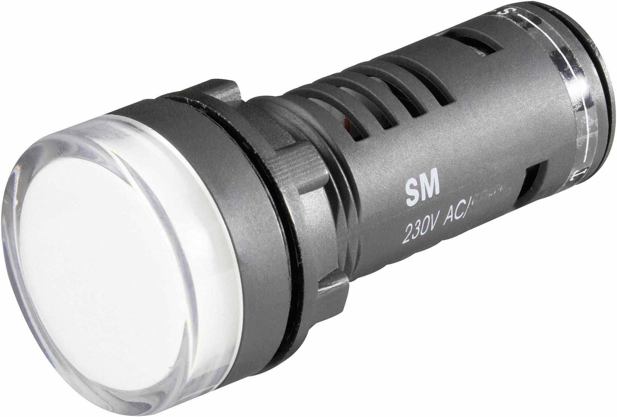 A round, grey push button switch with a transparent cap, labelled on the sleeve with 'SM 230V AC'.